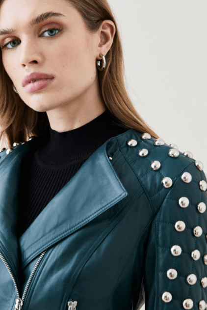 Women's Quilted Studded Leather Jacket In Jade Green